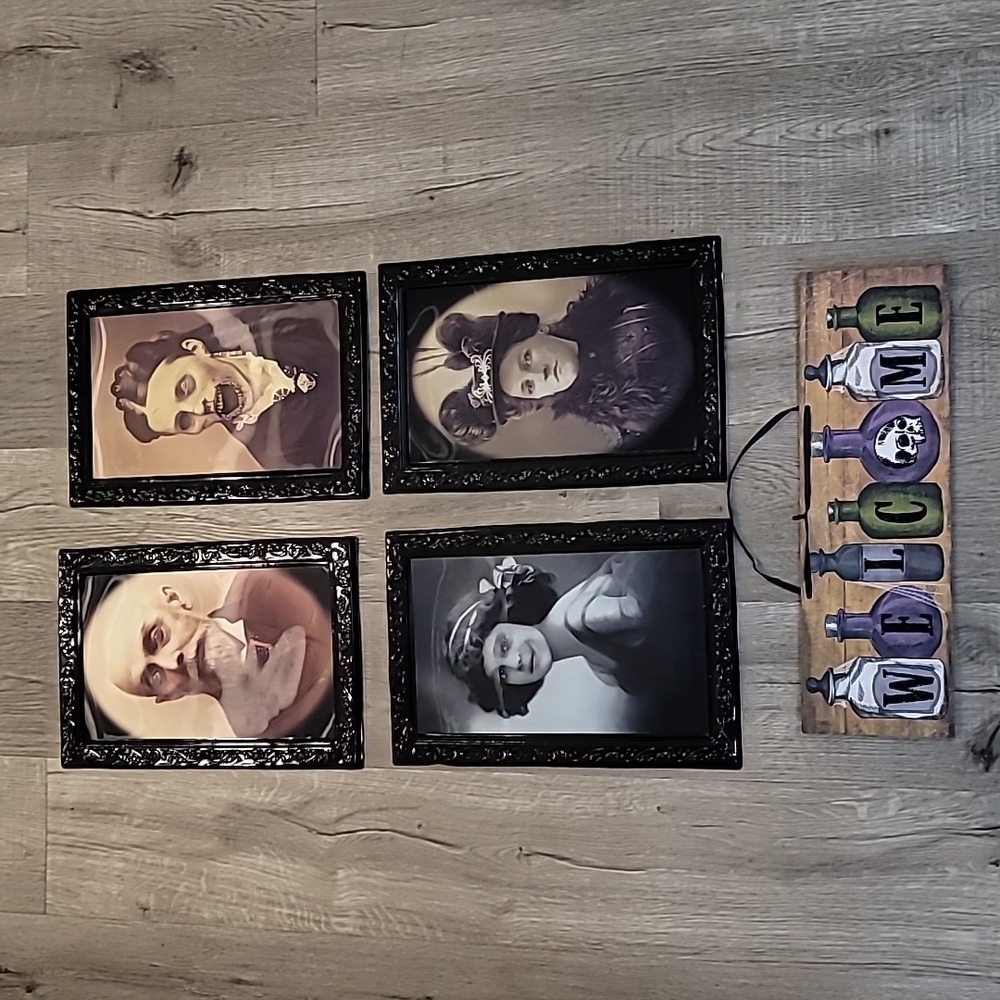 Halloween decor. 4 creepy photos that change and one welcome potion sign.